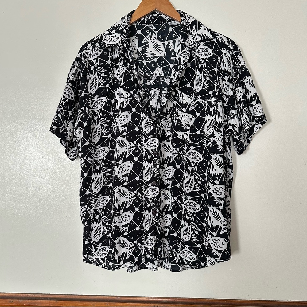 Vintage 90s Rayon Fish Skeleton Abstract Geometric Button Up Shirt Large